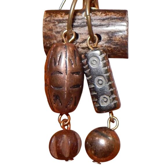 Vintage Wild Tribal Metal & Wood Earrings - Picture 3 of 4
